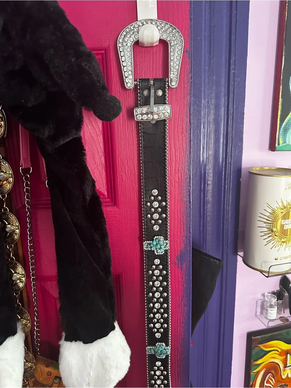 Black Western-Style Studded Belt with Turquoise Accents